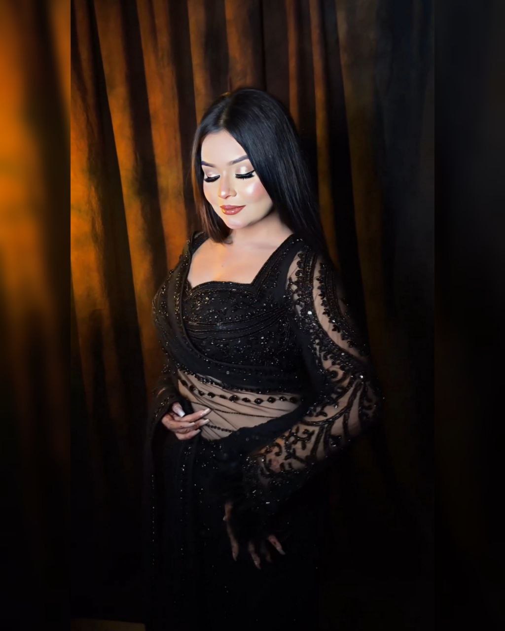 Ready To Wear Black Mono Net Sequence Work Saree With Blouse