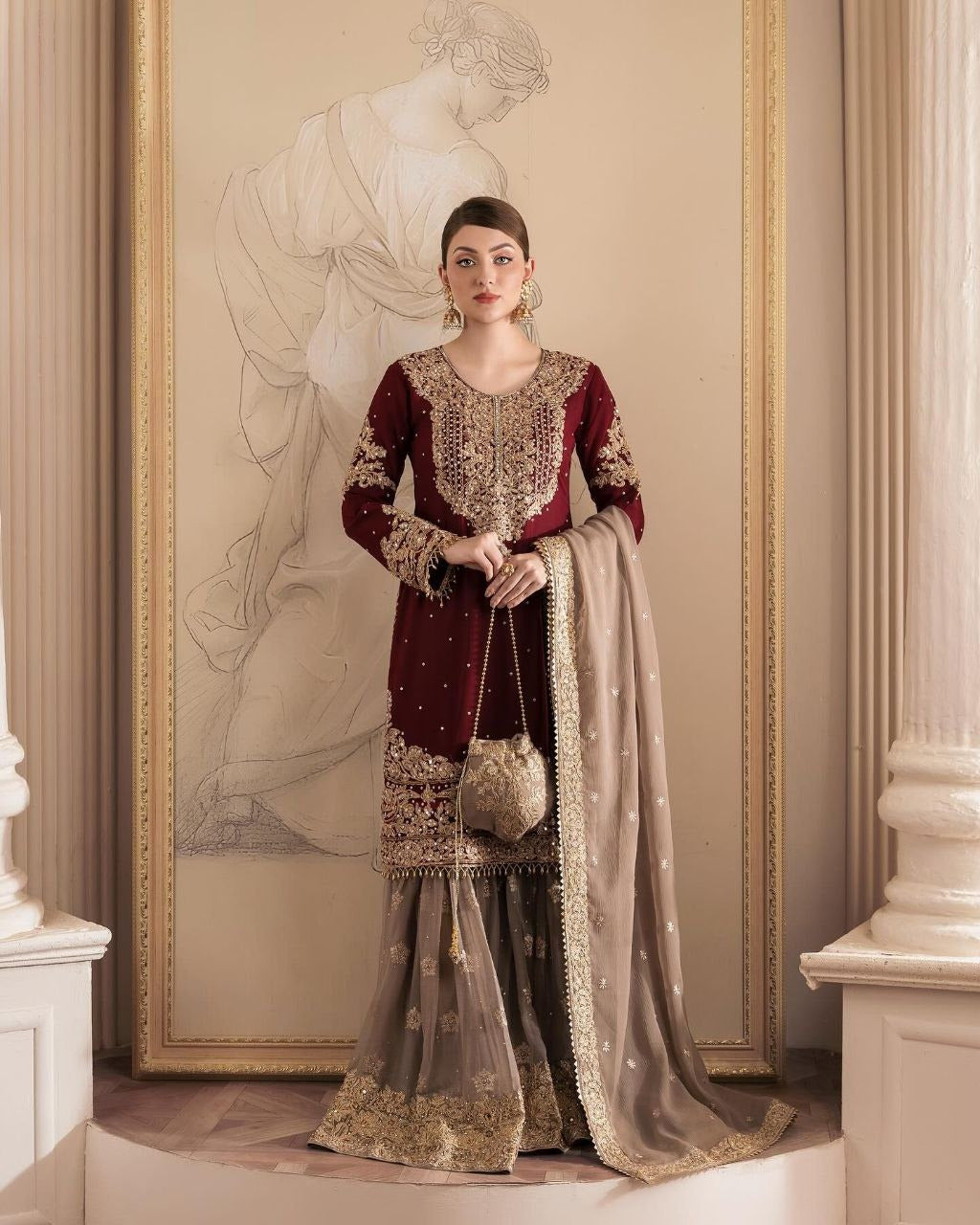 Ready To Wear Maroon & Rosy Nude Pure Georgette Sequence Work Gharara Suit With Dupatta