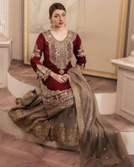 Ready To Wear Maroon & Rosy Nude Pure Georgette Sequence Work Gharara Suit With Dupatta