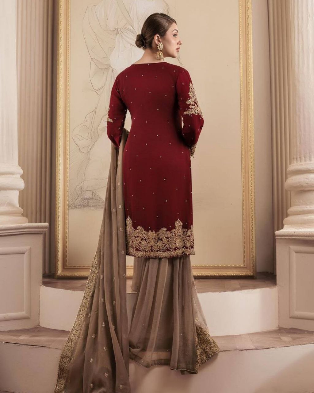 Ready To Wear Maroon & Rosy Nude Pure Georgette Sequence Work Gharara Suit With Dupatta