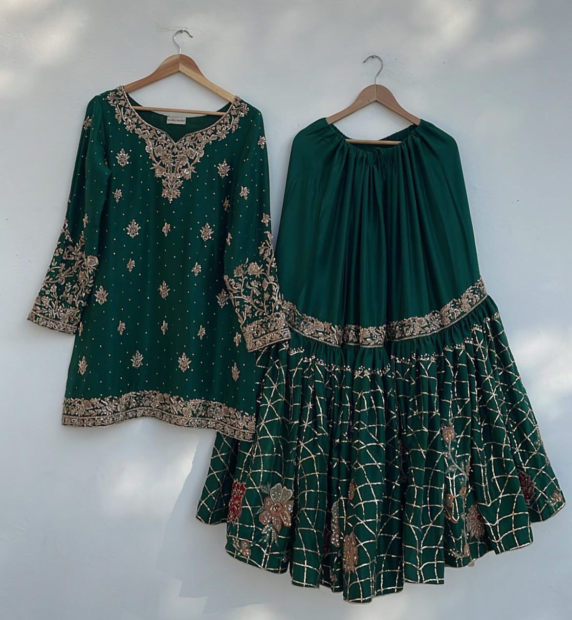 Exclusive Dark Green Chinon Silk Embroidery Work Gharara Suit With Dupatta