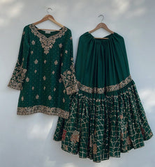 Exclusive Dark Green Chinon Silk Embroidery Work Gharara Suit With Dupatta