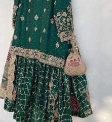Exclusive Dark Green Chinon Silk Embroidery Work Gharara Suit With Dupatta