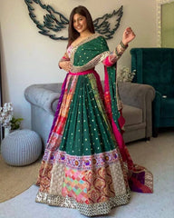 Navratri Special Multi Butter Silk Embroidery Work Lehenga Choli With Green Dupatta