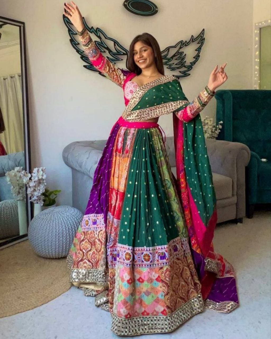 Navratri Special Multi Butter Silk Embroidery Work Lehenga Choli With Green Dupatta
