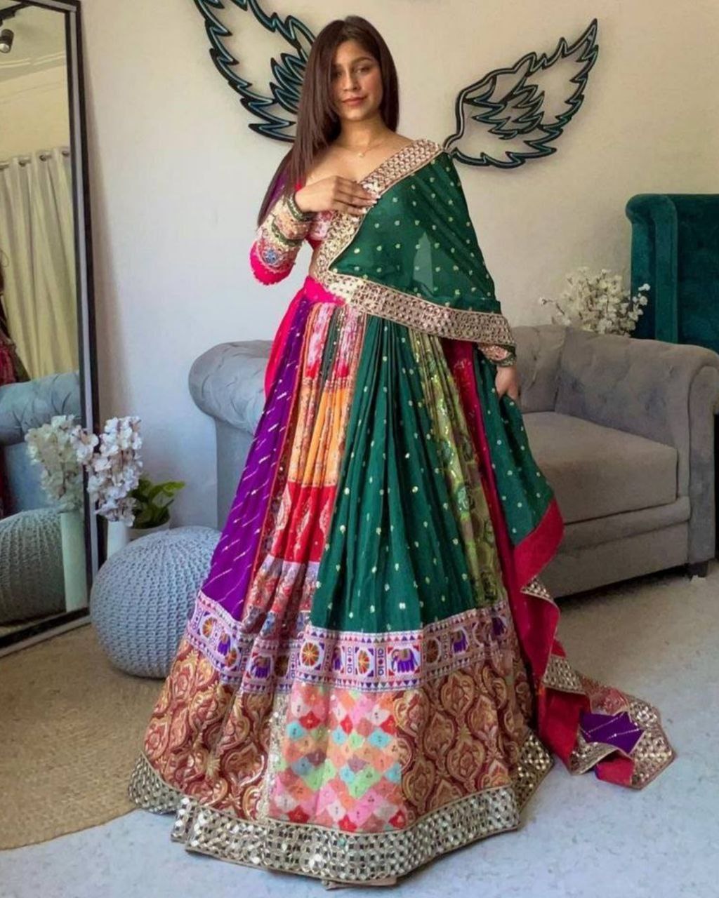 Navratri Special Multi Butter Silk Embroidery Work Lehenga Choli With Green Dupatta
