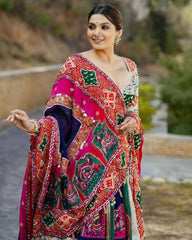 Navratri Special Cream Muslin Cotton Embroidery Work Lehenga Choli With Multi Dupatta