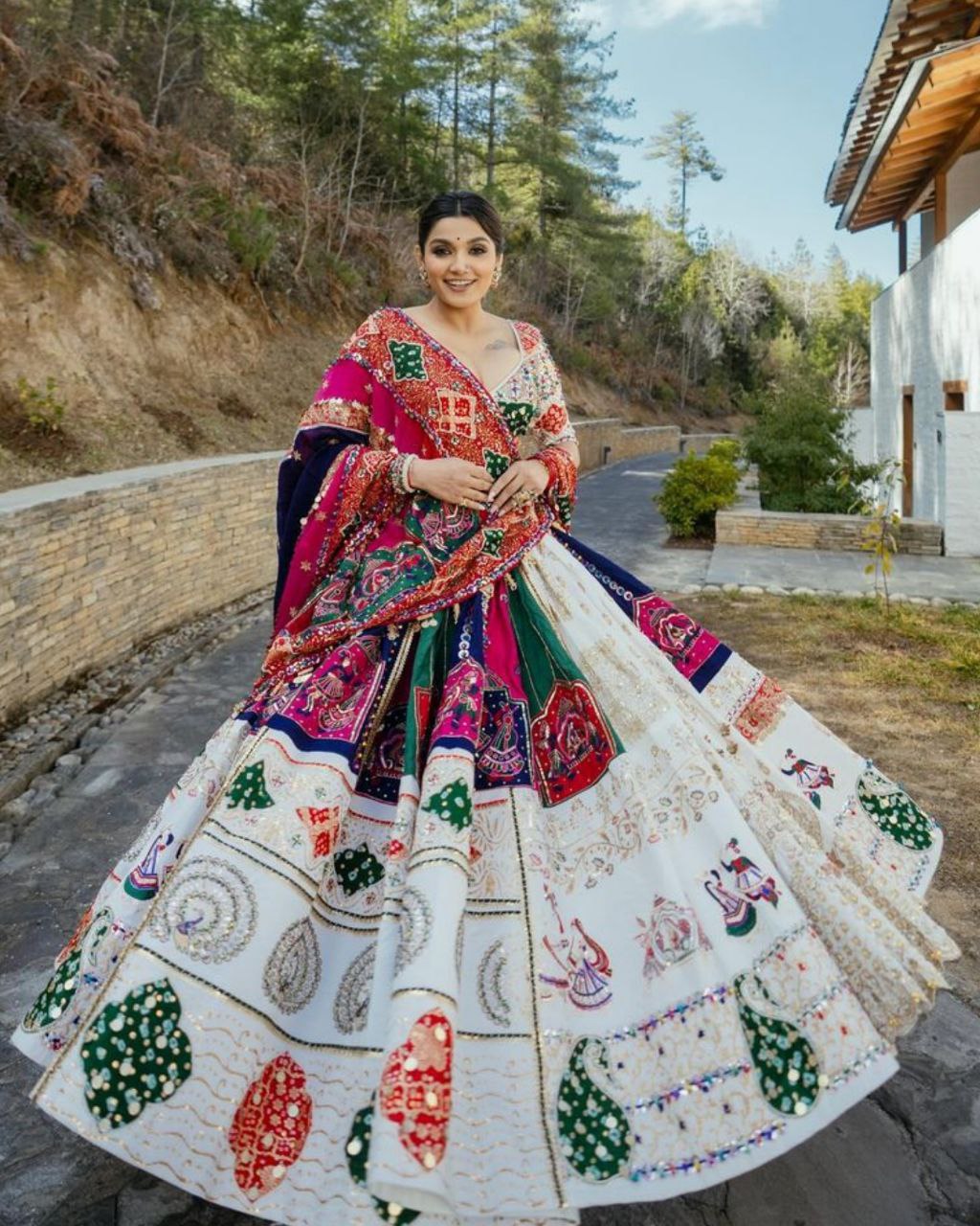 Navratri Special Cream Muslin Cotton Embroidery Work Lehenga Choli With Multi Dupatta