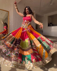 Navratri Special Red-Yellow Muslin Cotton Gota Patti Work Lehenga Choli With Dupatta