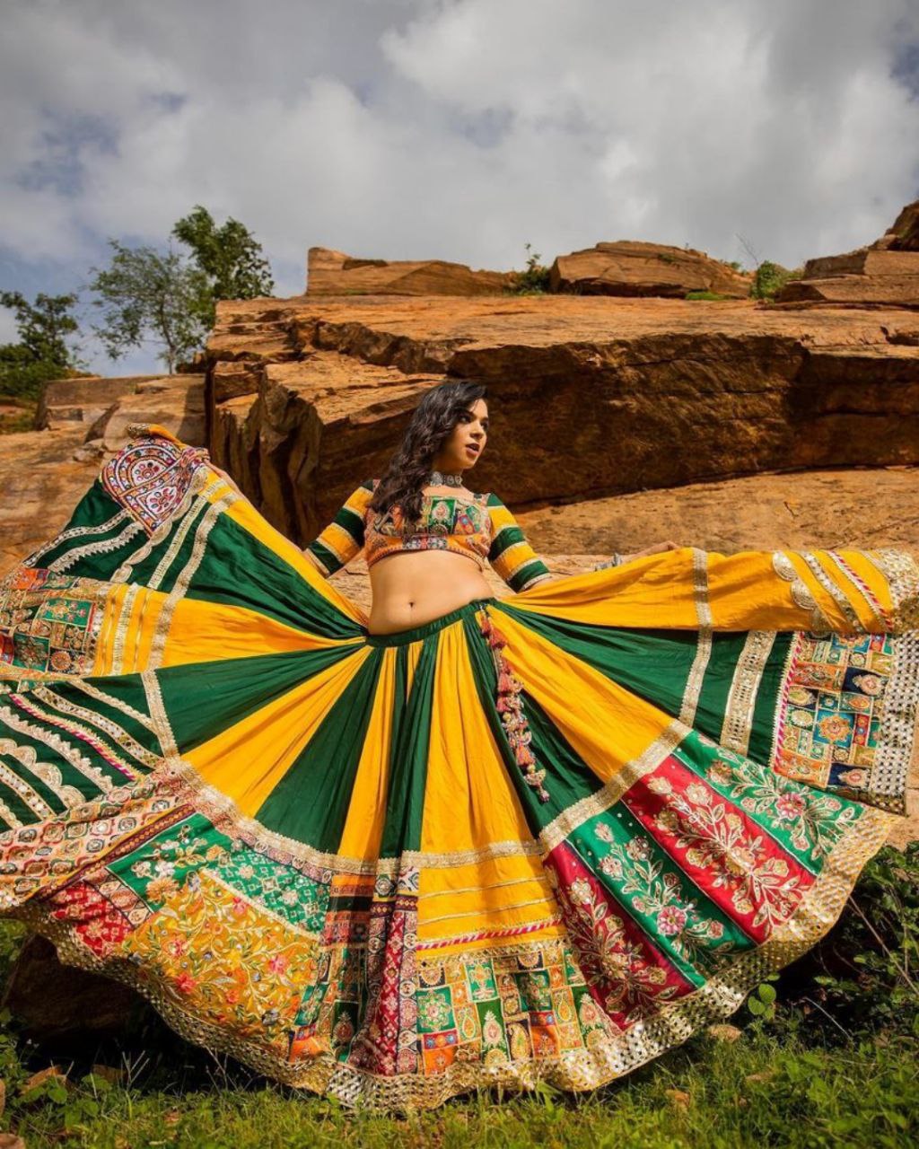 Navratri Special Green-Yellow Muslin Cotton Gota Patti Work Lehenga Choli With Dupatta