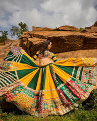Navratri Special Green-Yellow Muslin Cotton Gota Patti Work Lehenga Choli With Dupatta