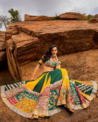 Navratri Special Green-Yellow Muslin Cotton Gota Patti Work Lehenga Choli With Dupatta