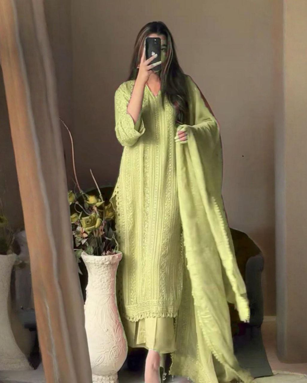 Peach , Green & Yellow Georgette Silk GPO Lace Work Palazo Suit With Dupatta