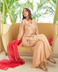 Peach Silk Embroidery Work Palazo Suit With Red Dupatta