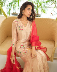 Peach Silk Embroidery Work Palazo Suit With Red Dupatta