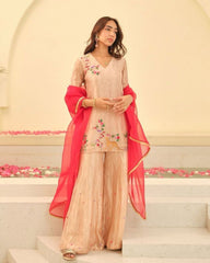 Peach Silk Embroidery Work Palazo Suit With Red Dupatta