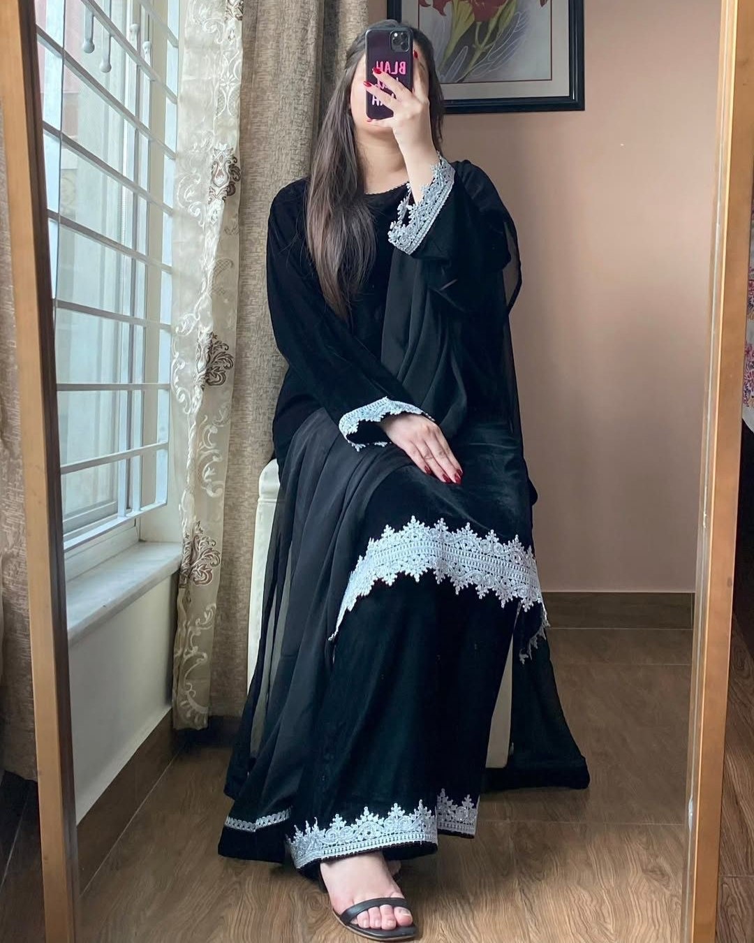Exclusive Black Premium Velvet Embroidery Palazo Kurti With Dupatta