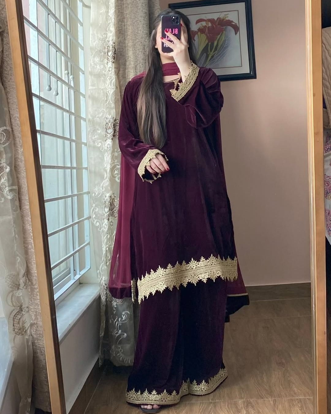 Exclusive Wine Premium Velvet Palazo Kurti With Dupatta