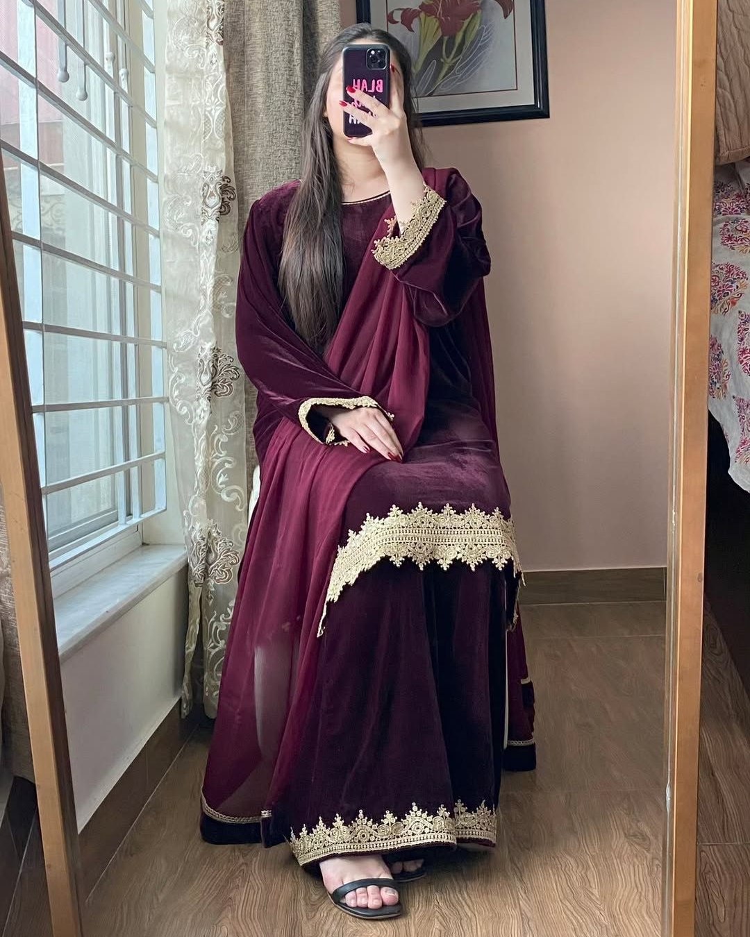 Exclusive Wine Premium Velvet Palazo Kurti With Dupatta