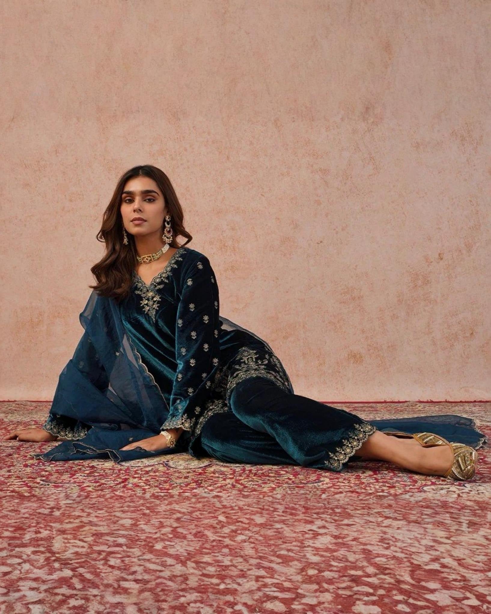 Exclusive Peacock Blue Premium Velvet Suit With Dupatta