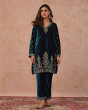 Exclusive Peacock Blue Premium Velvet Suit With Dupatta