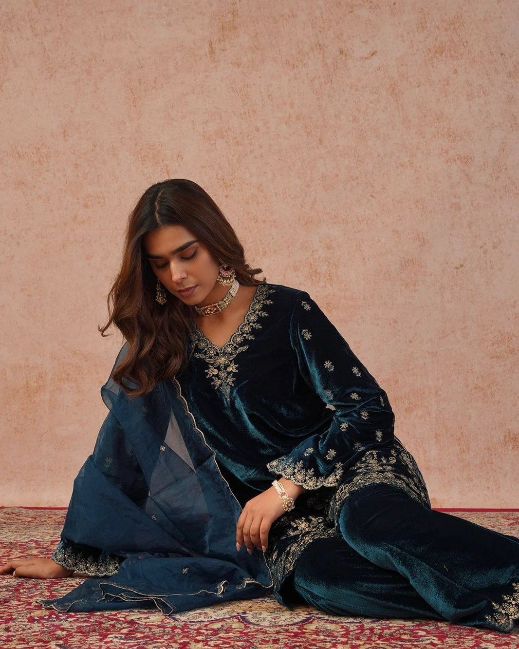 Exclusive Peacock Blue Premium Velvet Suit With Dupatta