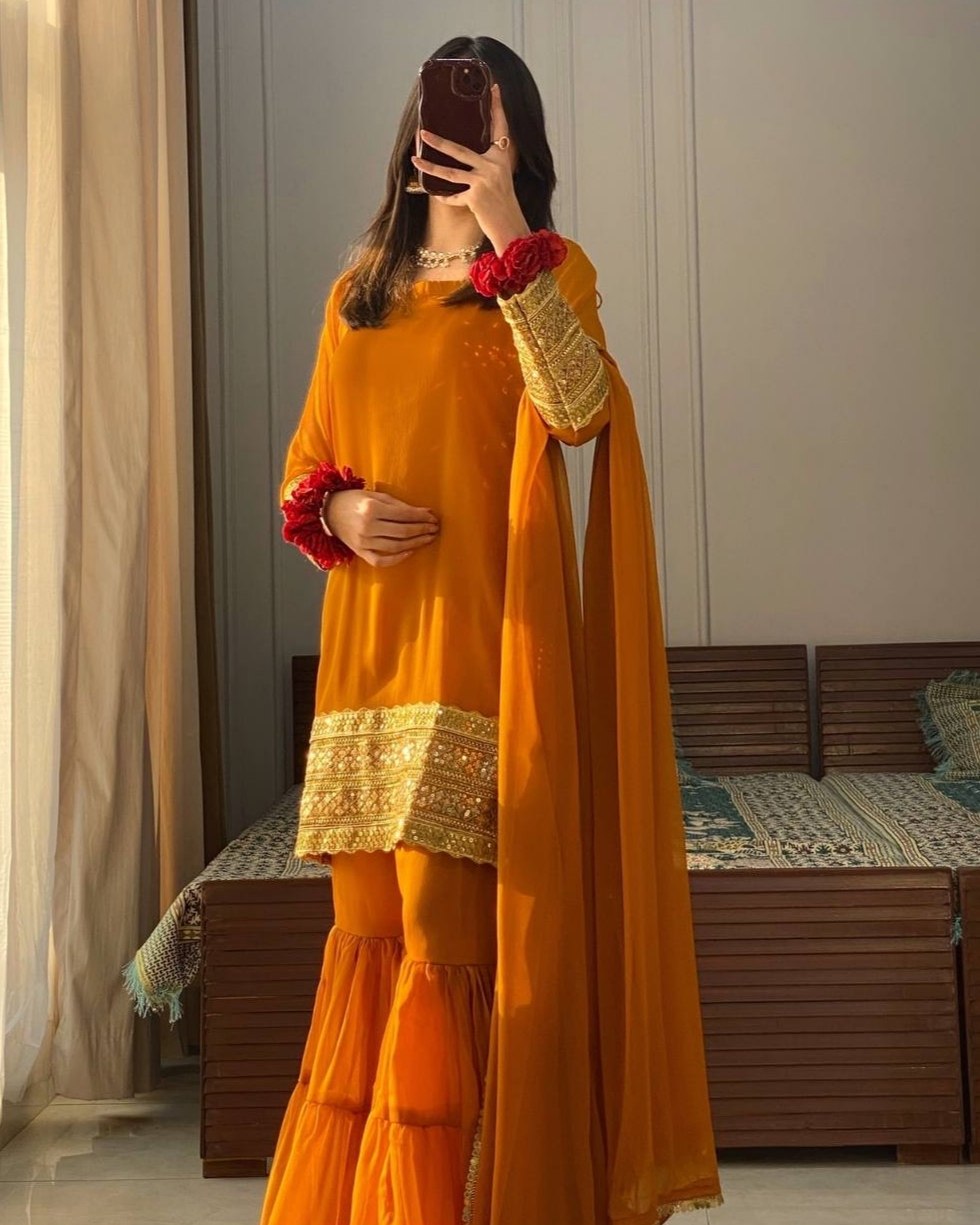 Exclusive Mustard Yellow Soft Georgette Embroidered Gharara Suit With Dupatta