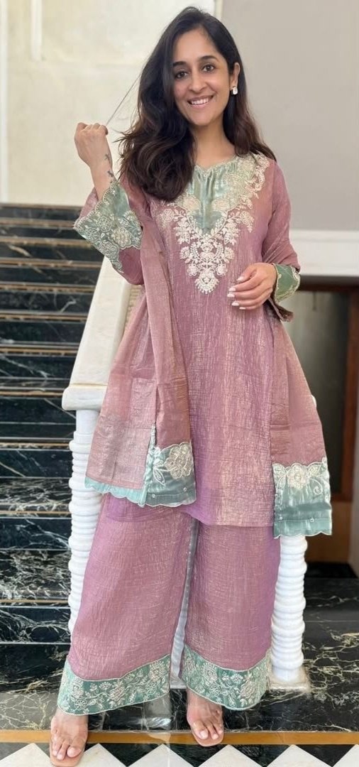 Exclusive Dusty Pink Silk Embroidered Palazo Kurti With Dupatta