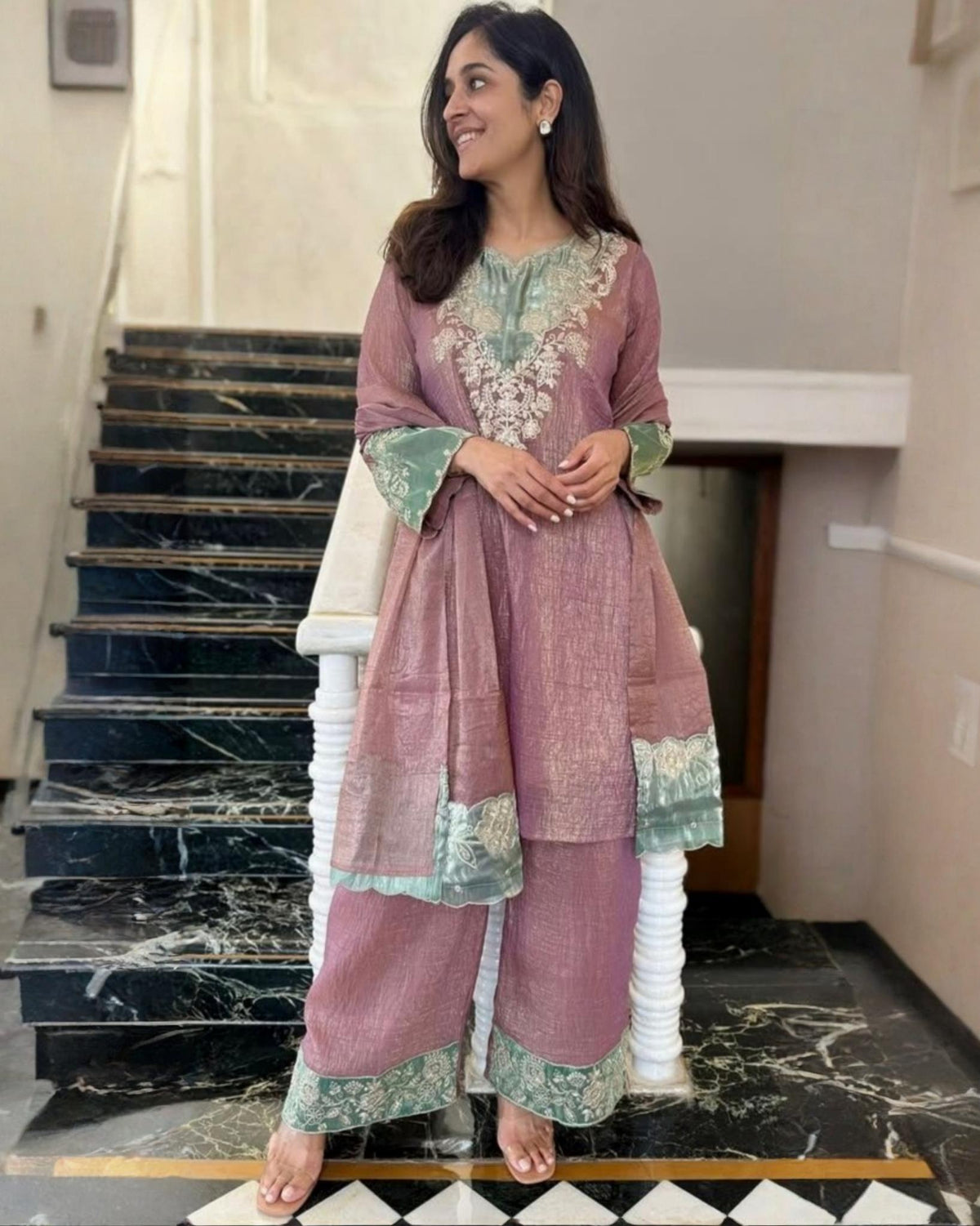 Exclusive Dusty Pink Silk Embroidered Palazo Kurti With Dupatta