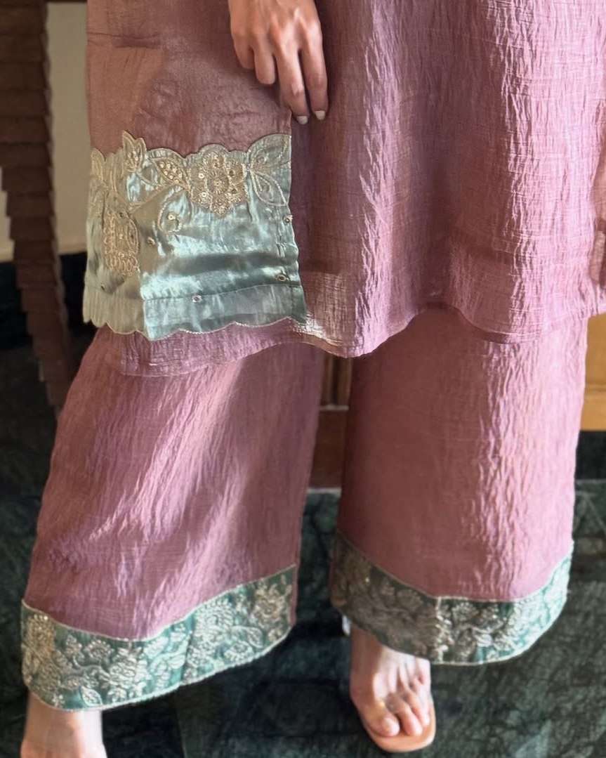 Exclusive Dusty Pink Silk Embroidered Palazo Kurti With Dupatta