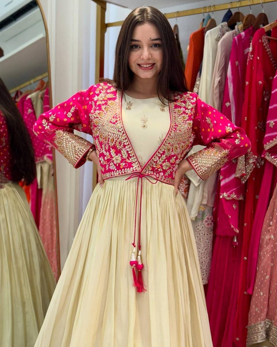 Exclusive Ivory Mono Silk Embroidered Anarkali Gown With Pink Koti