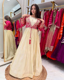 Exclusive Ivory Mono Silk Embroidered Anarkali Gown With Pink Koti