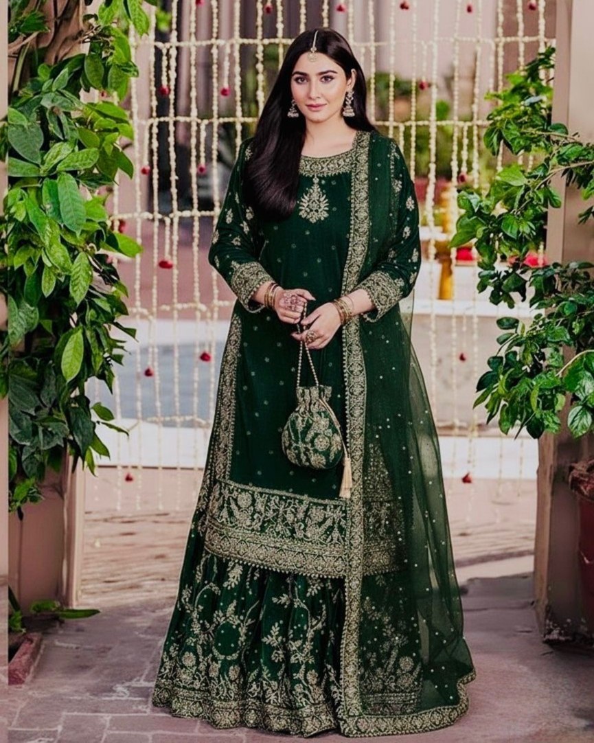 Exclusive Velvet Embroidery Work Farshi Lehenga Suit With Dupatta