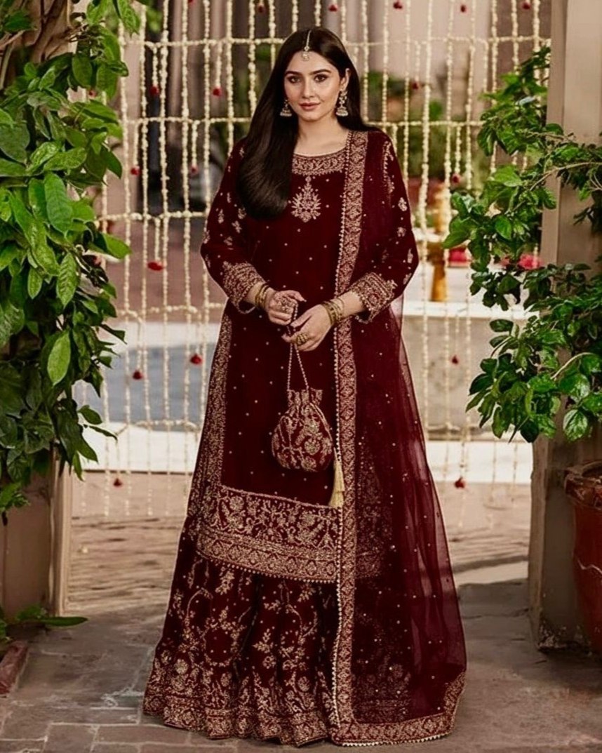 Exclusive Velvet Embroidery Work Farshi Lehenga Suit With Dupatta