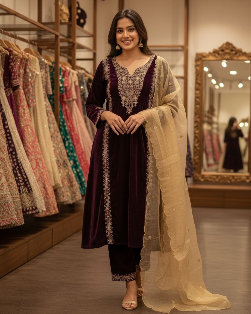 Exclusive Purple Velvet Embroidered Pant Suit With Dupatta