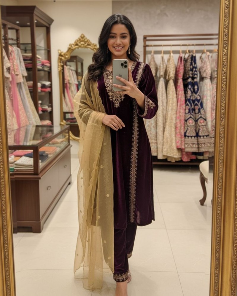 Exclusive Purple Velvet Embroidered Pant Suit With Dupatta