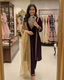 Exclusive Purple Velvet Embroidered Pant Suit With Dupatta
