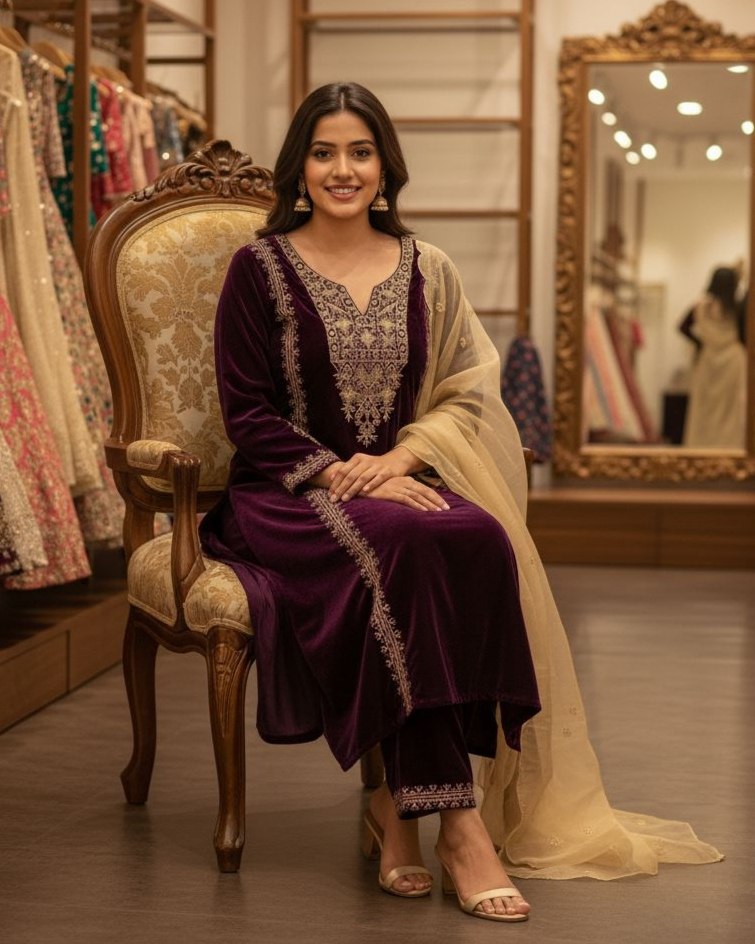 Exclusive Purple Velvet Embroidered Pant Suit With Dupatta