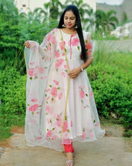 Ready To Wear White Organza Floral Printed Anarkali Suit With Dupatta
