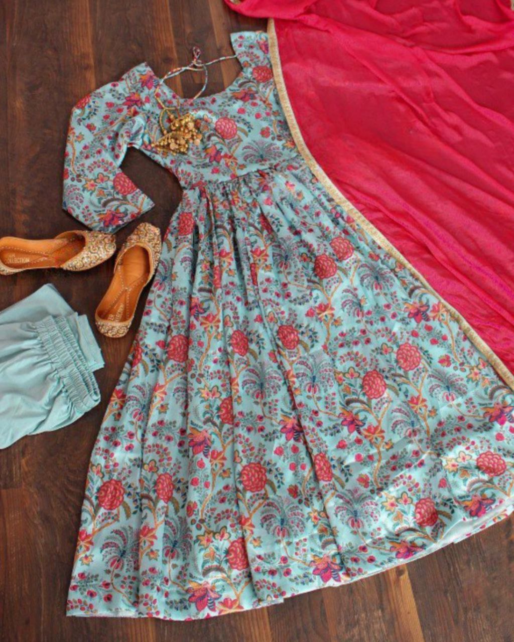 Ready To Wear Sky Soft Georgette Floral Printed Anarkali Suit With Red Dupatta