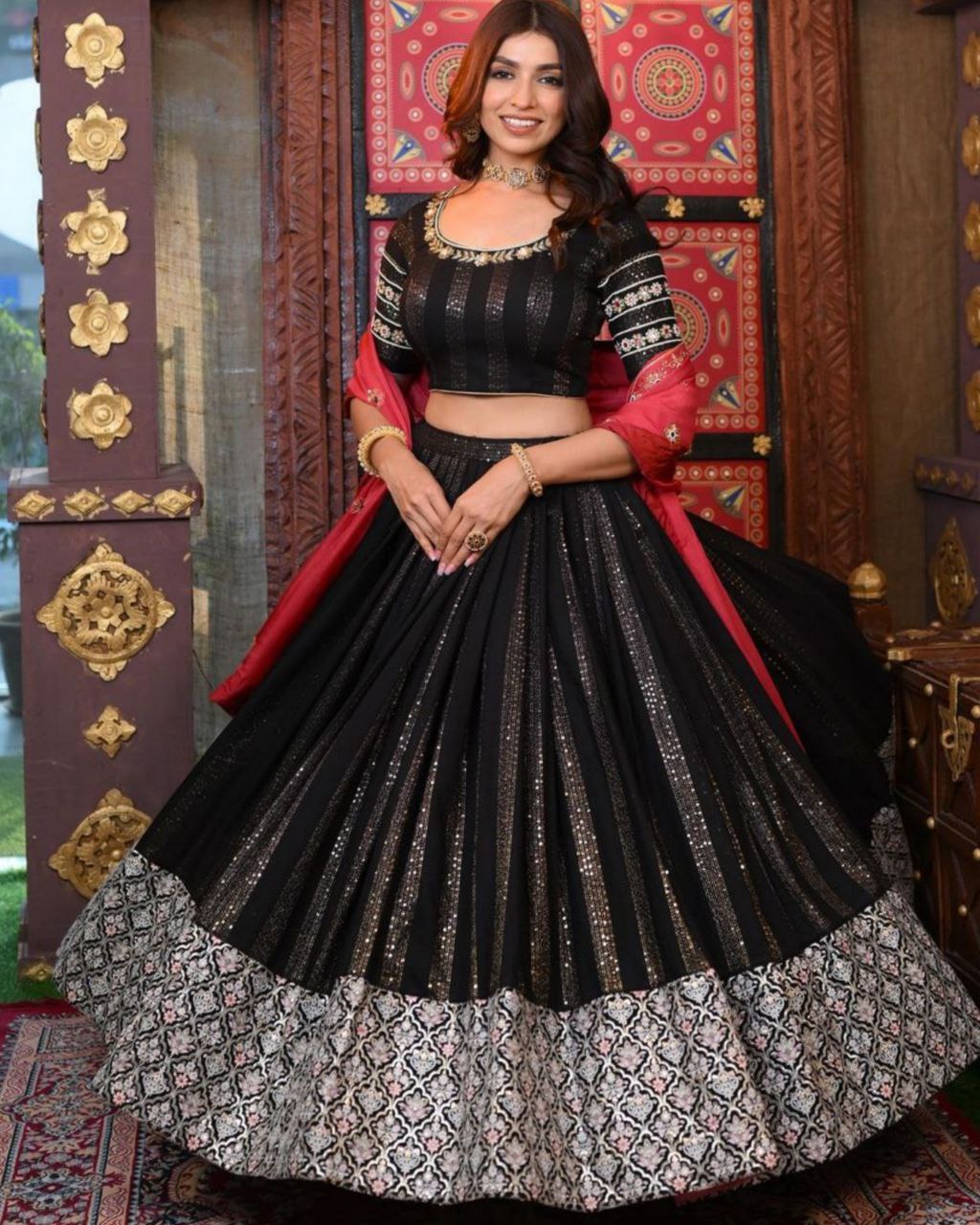 Ready To Wear Black Georgette Embroidery Work Lehenga Choli With Red Dupatta