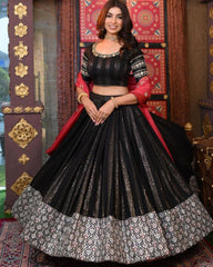 Ready To Wear Black Georgette Embroidery Work Lehenga Choli With Red Dupatta