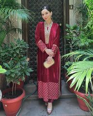 Exclusive Rose Red Velvet Embroidery Work Pakistani Suit With Dupatta