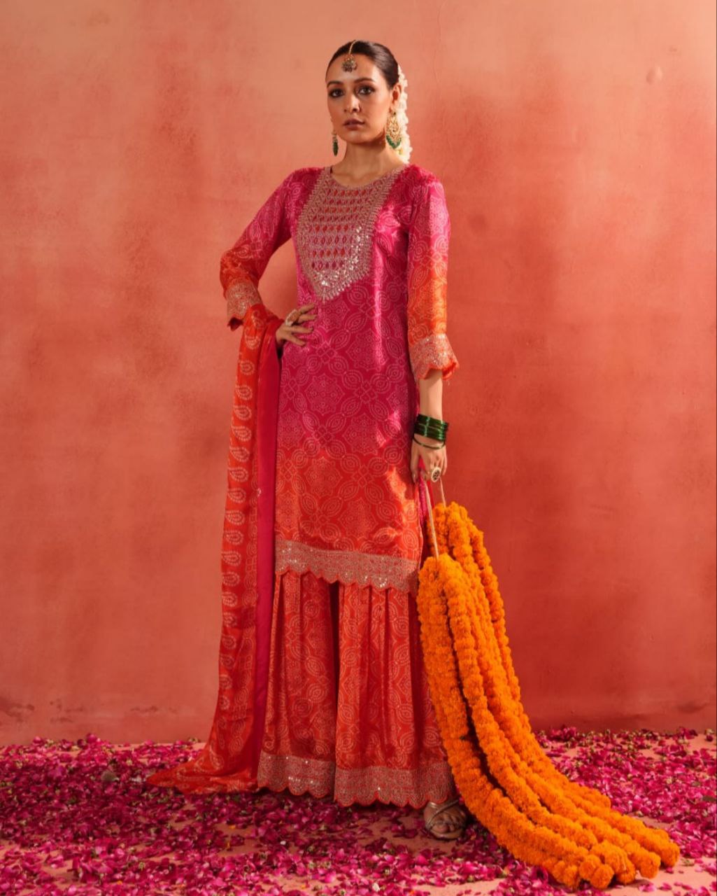 Orange & Pink Chinon Silk Sequence Work Sharara Suit With Dupatta