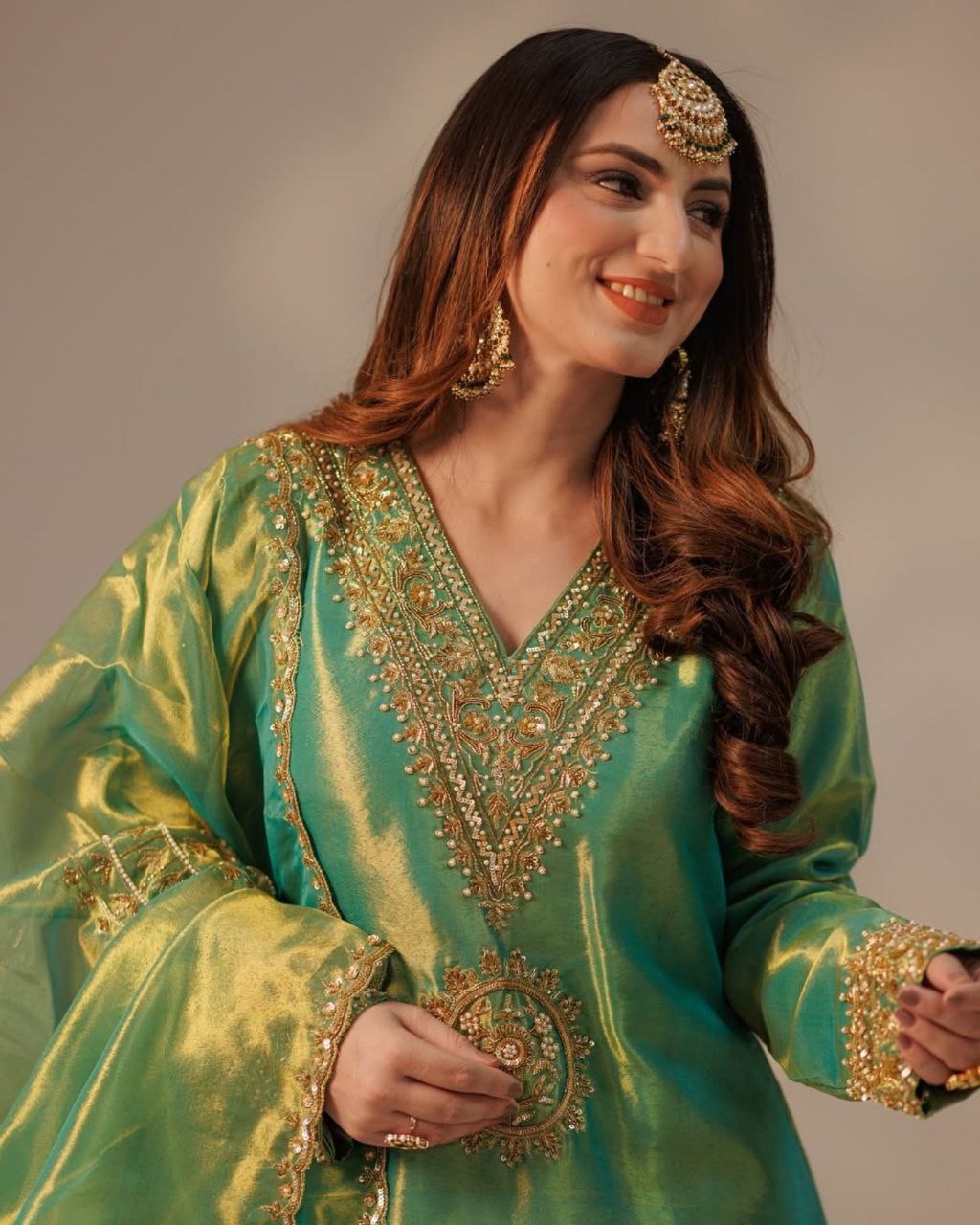 Yellow , Green & Red Chinon Silk Sequence Work Pant Suit With Dupatta
