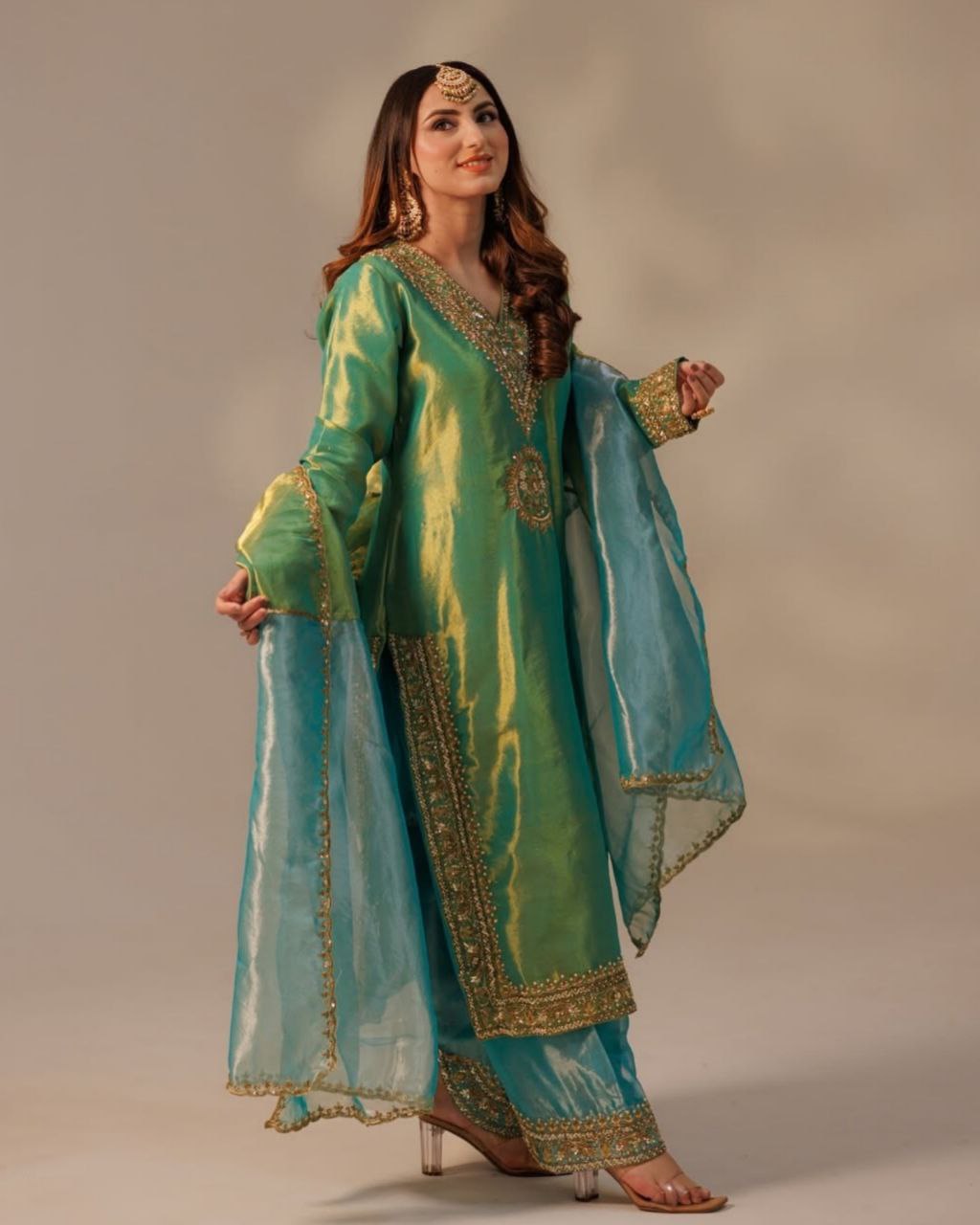 Yellow , Green & Red Chinon Silk Sequence Work Pant Suit With Dupatta