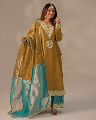 Yellow , Green & Red Chinon Silk Sequence Work Pant Suit With Dupatta