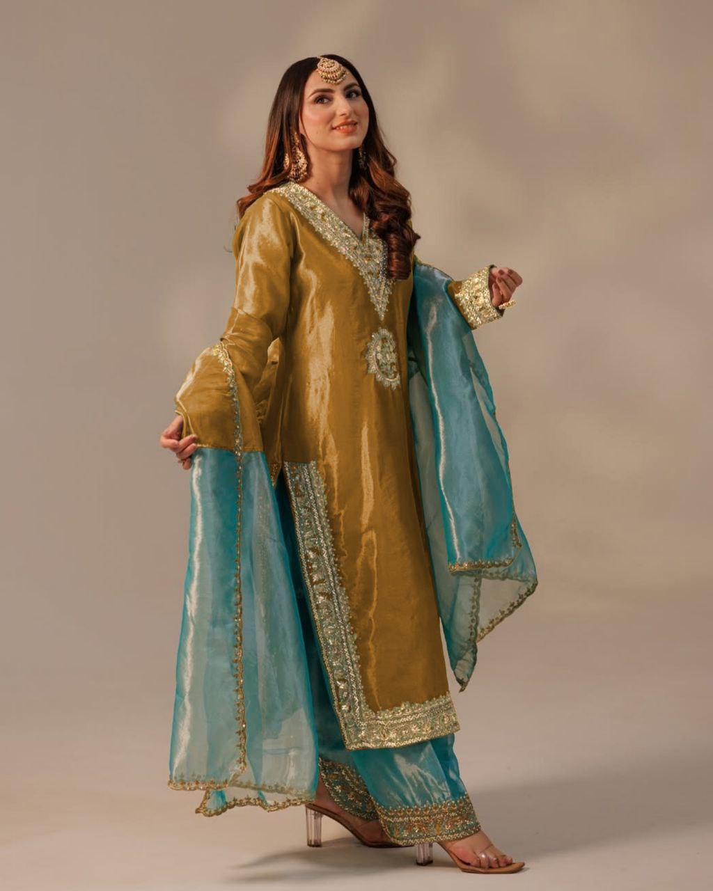 Yellow , Green & Red Chinon Silk Sequence Work Pant Suit With Dupatta
