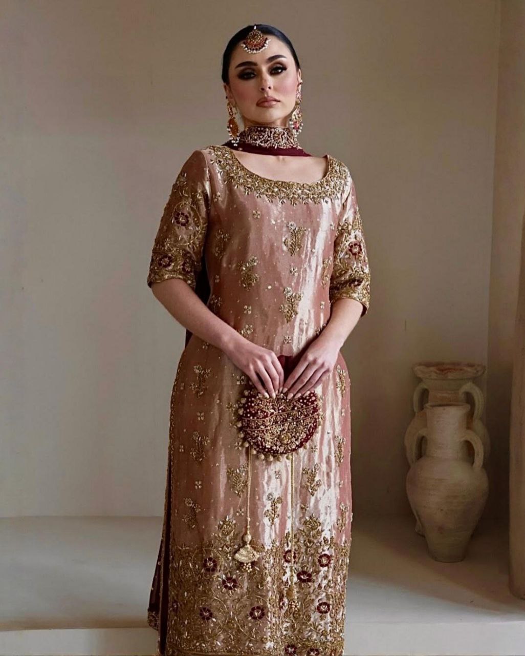 Copper Jimmy Silk Sequence Work Pant Suit With Maroon Dupatta