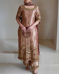 Copper Jimmy Silk Sequence Work Pant Suit With Maroon Dupatta